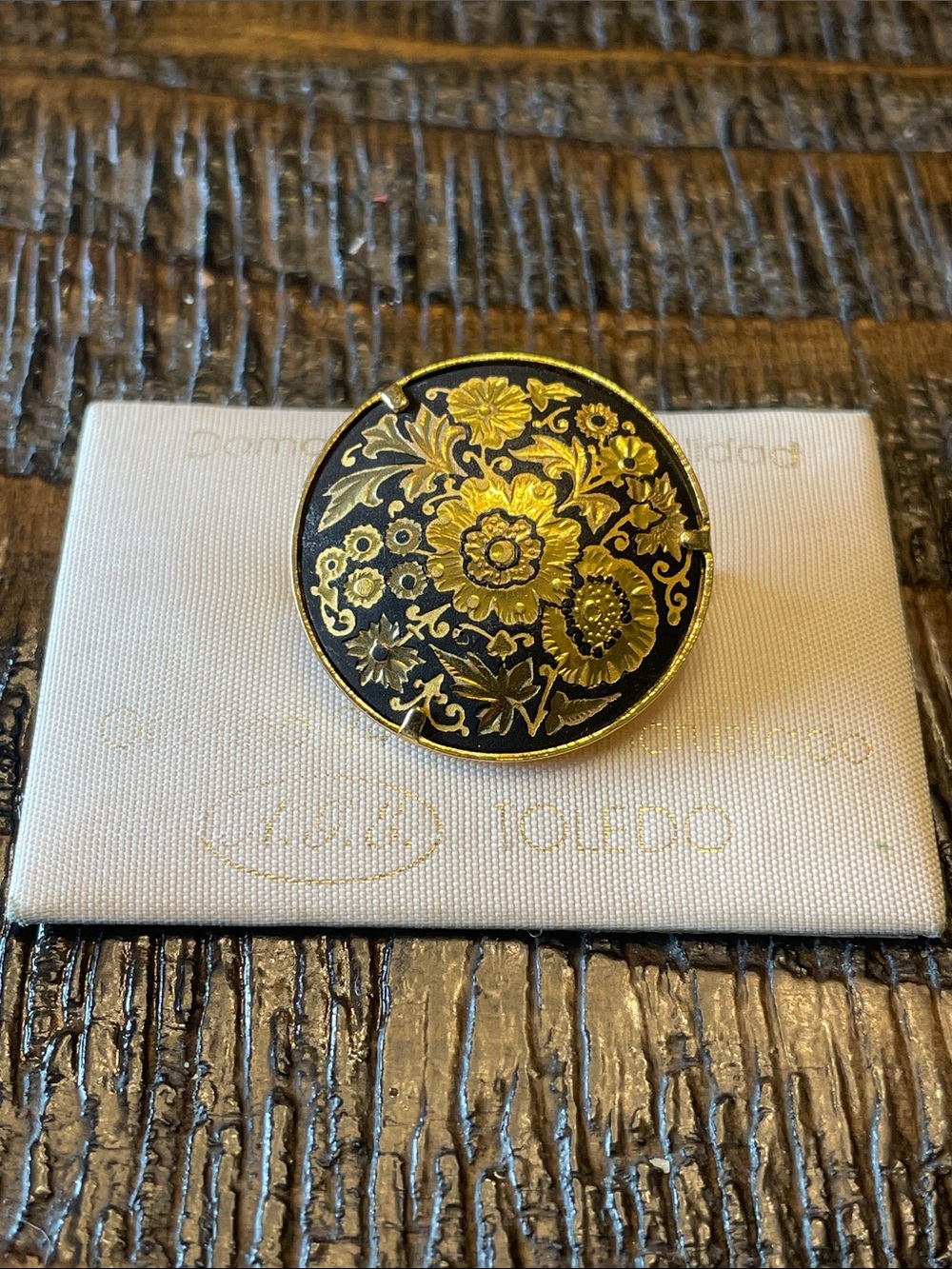 Vintage Toledo Spain Round Brooch 24k Gold Plated Pin Black and Gold Flowers